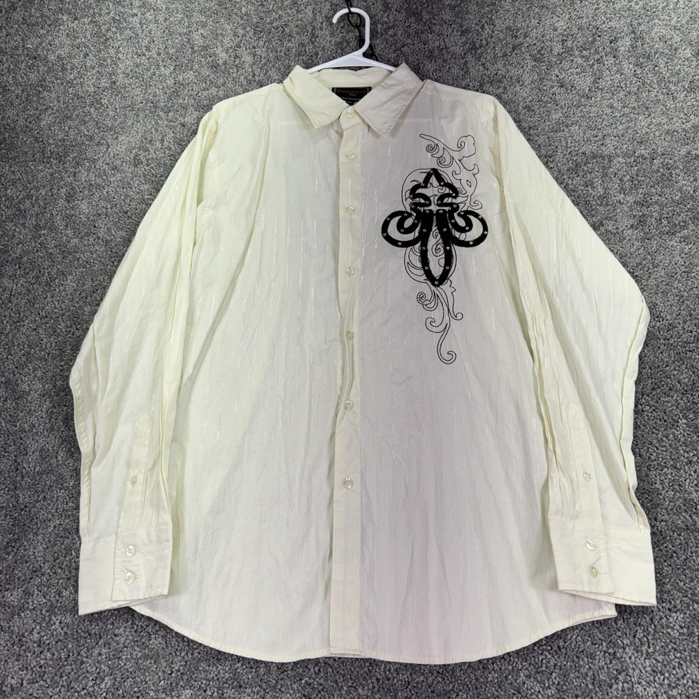 Patroncito Shirt Mens XL White Fleur De Lis Rhinestone Button Up Long Sleeve